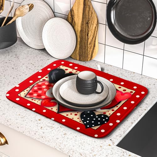 Love Heart Dish Drying Mat 16"x18" Red Dots Microfiber Dish Rack Mat Holiday Absorbent Fast Dry Draining Pad for Kitchen Counter Bar Sinks (Love Heart / 16" x 18")