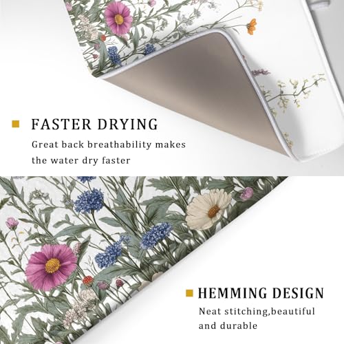 Flower Herbs Dish Drying Mat Botanical Plant Dishes Drainer Mat 18x24 inch Reversible Microfiber Drying Dish Pad for Kitchen Counter Decor (Flower Herbs Plant / 18" x 24")