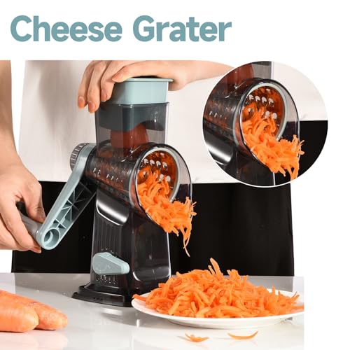 Rotary Cheese Grater with Handle Kitchen Shredder Slicer Grater Slicer Ice Shaver Cheese Vegetable Nuts Potato Zucchini Chocolate 3 Interchangeable Blades (9.06"L x 4.33"W x 9.07"H / Blue)