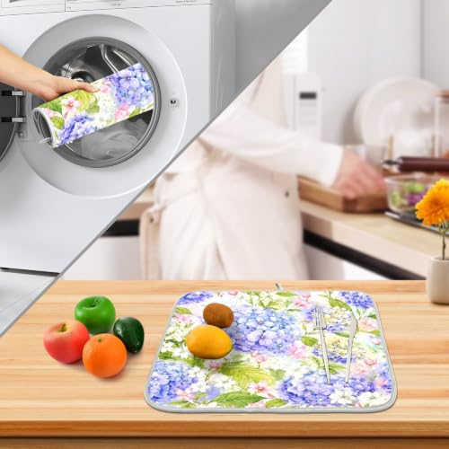 Floral Hydrangea Garden Dish Drying Mat for Kitchen Counter Absorbent Microfiber Small Drying Pad Dish mats for Kitchen Countertops 16 x 18 Inch (Spring Summer Flowers / 18" x 16")