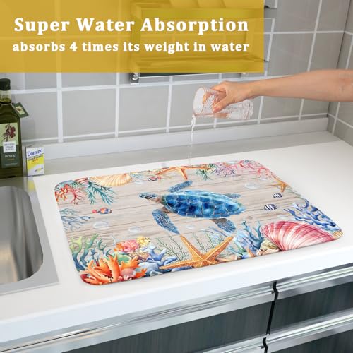Sea Turtle Dish Drying Mat 18x24 inch Tropical Ocean Fast Dry Absorbent Microfiber Dishes Drainer Rack Pad for Countertop Bar Table Decor (Marine Turtle / 18" x 24")
