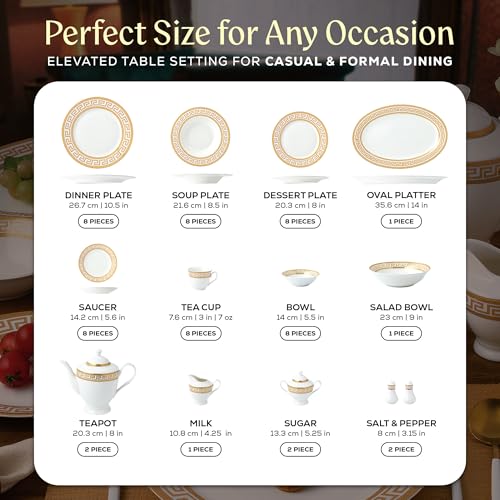 Golden Greek Key Bone China Dinnerware Set (57 Piece Set)