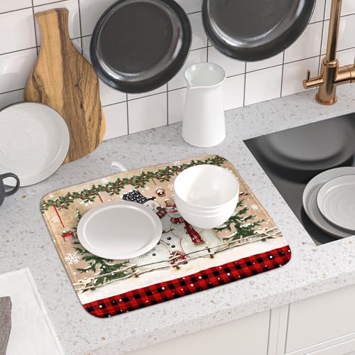 Winter Snowman Dish Drying Mat 16x18 Inch Red Buffalo Plaid Holiday Dish Drainer Mat Absorbent Dish Rack Pad for Kitchen Counter Sink Decor (Winter Snowman Bell / 16" x 18")