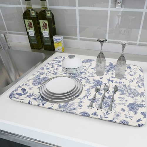 Chinoiserie Flower Dish Drying Mat Blue Leaves Dishes Drying Pad Reusable Washable Kitchen Countertop Protector Dish Drainer Mat 18x24 Inch (Chinoiserie Flower / 24" x 18")