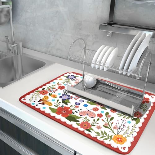 Large Microfiber Dish Drying Mat Red Floral Absorbent Drying Pad for Kitchen Counter (Light Flowers Red / 24" x 18")