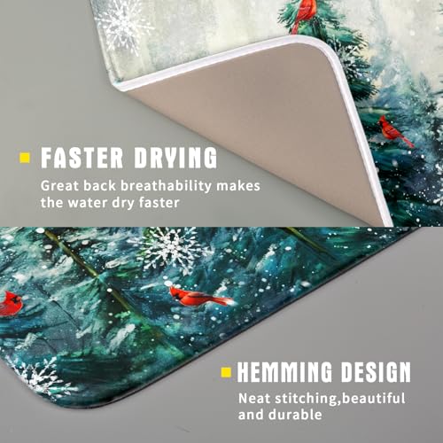 Pine Tree Dish Drying Mat for Kitchen Countertop Red Bird Dishes Mats Winter Decorative Absorbent Reversible Drainer Rack Pad 16x18 Inch (Pine Red Bird / 16" x 18")