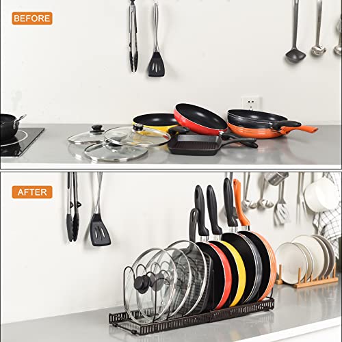 Pots and Pans Organizer Rack for Cabinet and Countertop (Brown / Pot & Pan Organizer)