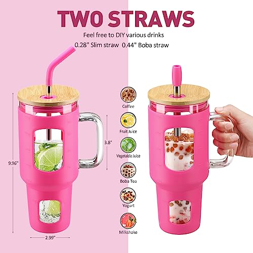 Glass Tumbler with Straw and Lid (Rose Red / 40 Ounces)