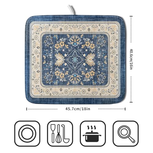 Blue Boho Dish Drying Mat for Kitchen Counter 16x18 Inch Fast Dry Drying Pad Vintage Floral Dish Drainer Rack Mats Coffee Bar Accessories (Blue Boho / 16" x 18")