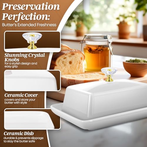 Extra Large Ceramic Butter Dish with Lid & Crystal Handle (White – Crystal Handle / Extra Large)