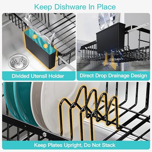 Black Dish Drying Rack Over the Sink with Utensil Holder (Black / For 12.5"-30"w Sink, Expandable)