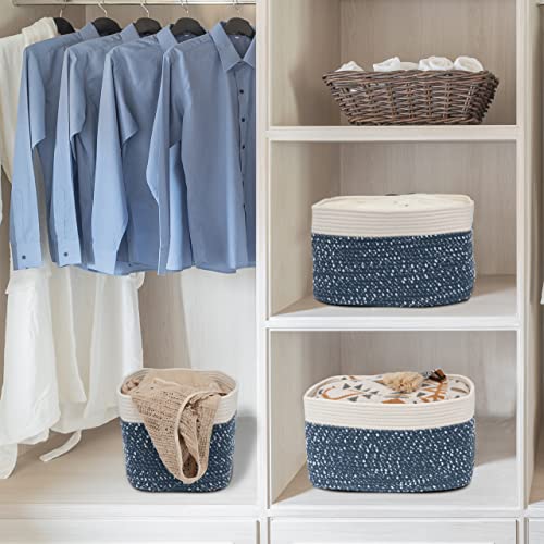 Woven Cotton Rope Storage Baskets 15x10x9.3" 3 Pack White and Blue (blue and white)