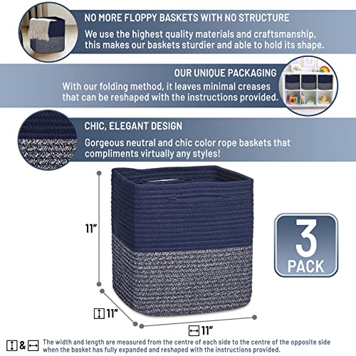 Storage Cubes 11 Inch Cotton Rope Woven Baskets for Organizing (Dark Blue & Mixed Dark Blue)