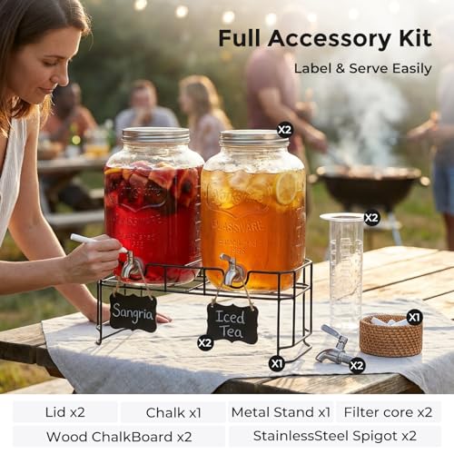 2 Gallon Glass Drinks For Parties With Stand.Stainless Steel Spigots & Metal Stand (2 Gallon Double With Stand)