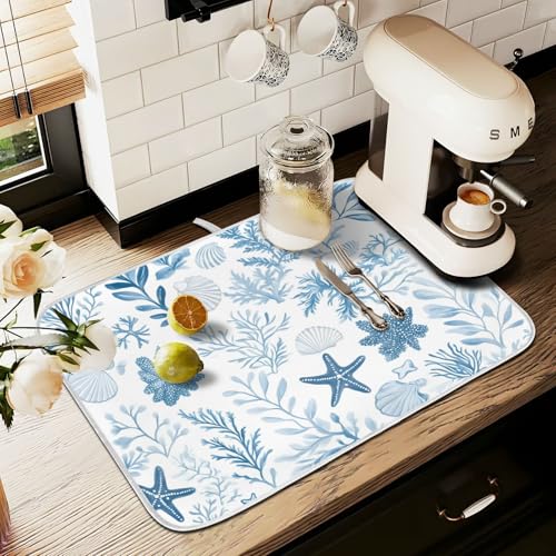 Coastal Sea Star Coral Nautical Dish Drying Mat for Kitchen Counter Absorbent Microfiber Small Drying Pad Dish mats for Kitchen Countertops 16 x 18 Inch (Coastal Sea / 18" x 16")