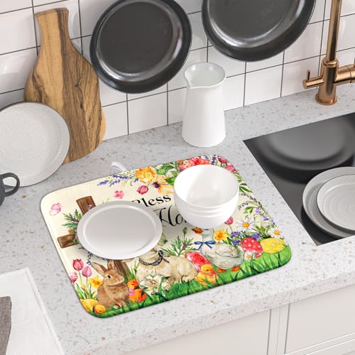 Easter Farmhouse Dish Drying Mat Funny Animal Dish Pad for Kitchen Counter Small 16 X 18 (Colorful Farmhouse Animal / 18" x 16")