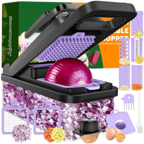 12-in-1 Vegetable Chopper 7 Blades, Veggie Cutter with Handle, Black/Purple (Purple / 7 blades)