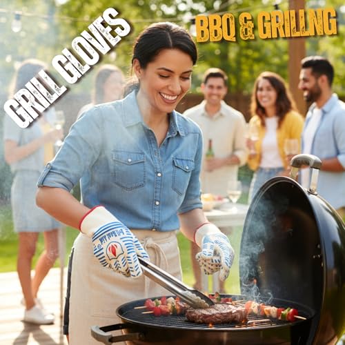 Grill Gloves Heat Proof for Men Grilling BBQ Heat Resistant Gloves (White & Blue / Short Cuff - Medium Palm)