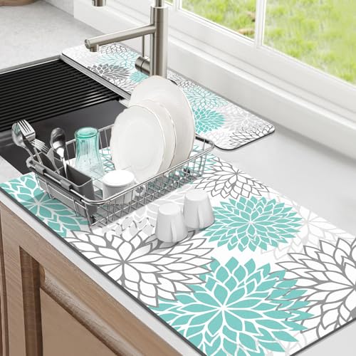 2Pcs Dish Drying Mat & Sink Splash Guard (Teal / 17" X 32" + 24" X 5.5")