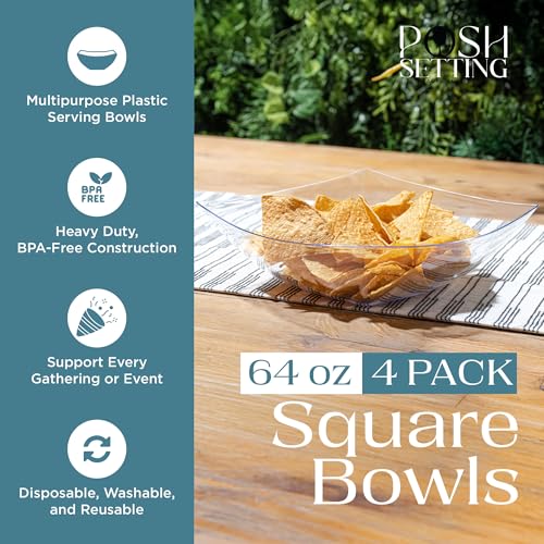 4 Pack Disposable Clear Plastic Serving Bowls Square Party Candy Use 64oz (64 OUNCE / Clear)