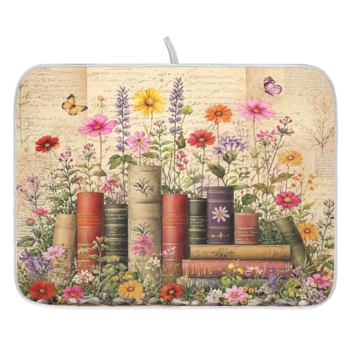 Vintage Books Shelf Dish Drying Mat for Kitchen Counter Absorbent Microfiber Small Drying Pad Dish mats for Kitchen Countertops 16 x 18 Inch (Vintage Books Shelf / 18" x 16")