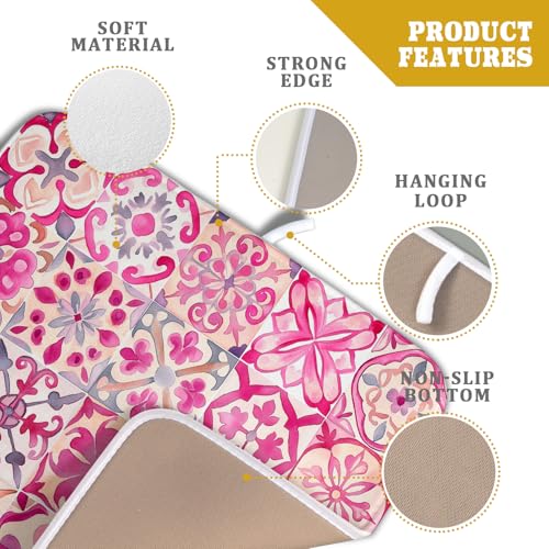 Pink Mexican Tiles Dish Drying Mat Absorbent Microfiber Dish Drying Pad for Kitchen Multi (Mexican Tiles Pink / 18" x 16")