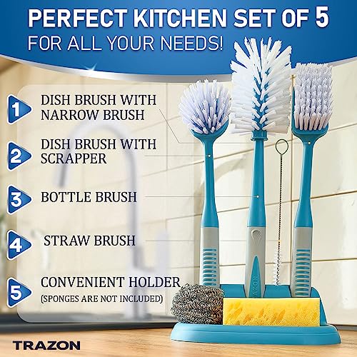 Dish Brush Set of 5 with Convenient Holder (Blue)