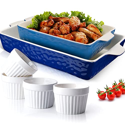 Ceramic Baking Dish and Ramekins Set Casserole Dish with Handles Packaging Upgrade Nonstick Ceramic Bakeware Ramekins Bowls for Baking Souffle (Blue 2 set)