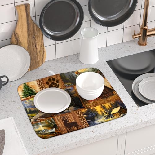 Bear Deer Fox Dish Drying Mat Rustic Cabin Lodge Dish Drainer Mats 16x18 Inch Absorbent Washable Dishes Rack Pad for Sink Kitchen Counter (Bear Deer Fox / 16" x 18")