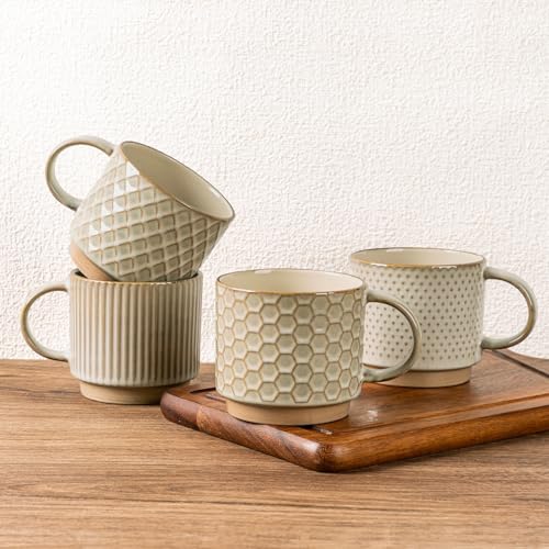 12 OZ Stackable Coffee Mugs Set of 4 (Pale Khaki / 12 Ounces)