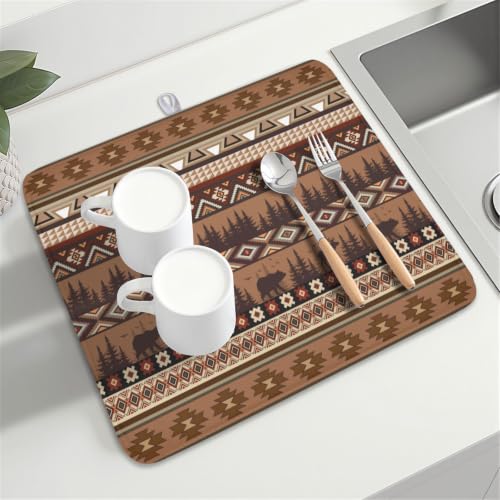 Rustic Bear Deer Dish Drying Mat Boho Ethnic Drainer Rack Pad 16x18 Inch Microfiber Absorbent Dish Sink Mat for Counter Kitchen Tableware (Rustic Bear Deer / 16x18 inch)