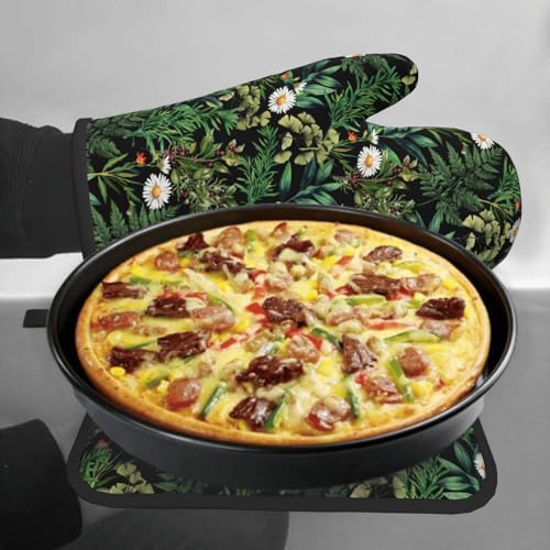 Green Botanical Oven Mitts and Pot Holder Kitchen Accessories Sets Fern Leaves Heat Resistant Baking Cooking Oven Gloves Washable Potholder (Green Botanical)