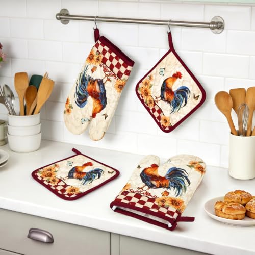 Rooster Oven Mitts and Pot Holders Set (Rooster / Oven Mitt x2 & Pot Holder x2)