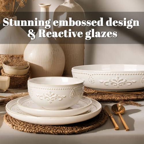 4 Piece Handcrafted Ceramic Dinnerware Set with Pasta Bowls (Damask Floral (4 Pieces) (White))