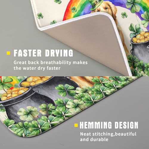 St Patricks Day Drying Mat Samll Lucky Clovers Green Kitchen Decor Counter Mats for Dog Lover (Green Lucky Gog / 18" x 16")