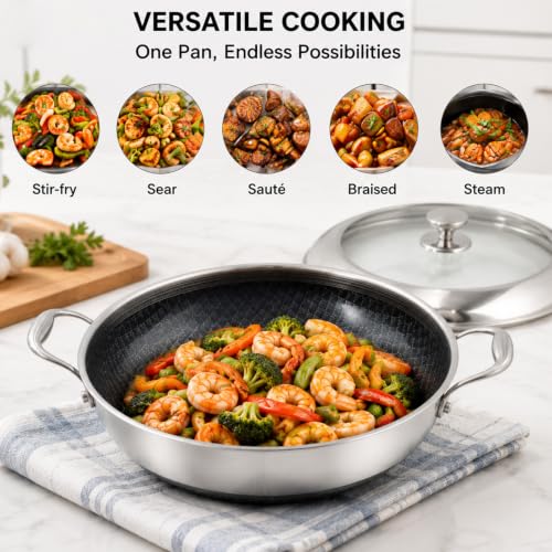 14 Inch Stainless Steel Nonstick Wok Pan with Lid 6Qt Pot (14 Inch/Double Handle)