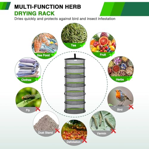 6 Layer Herb Drying Rack Hanging Mesh Net Foldable Plant Drying Racks 24" w Green Zipper Pruning Shears Hook Dryer Hanging Rack for Herbs Seed Bud Fruit Clothes Grow Tent Closets Garden Outdoor