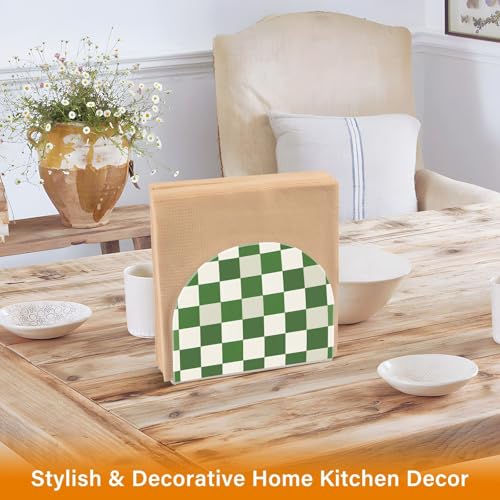 Green White Checkered Pattern Napkin Holder for Table Paper Napkins Holder Acrylic Tissue Dispenser Kitchen Dining Room Bathroom Party Car Decor (NH074 / 4.1x4.9x1.97in)