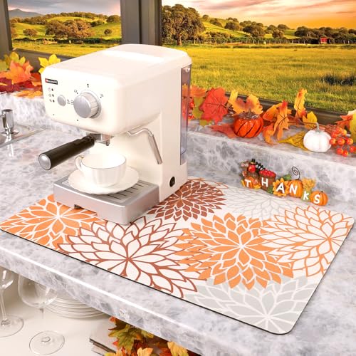 2Pcs Fall Dish Drying Mat & Sink Splash Guard (Orange / 16" X 24" + 24" X 5.5")