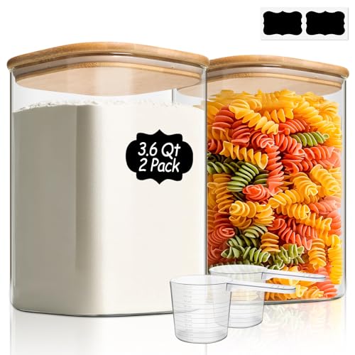 Glass Storage Jars with Bamboo Lids 3.6 Qt 2 Pack Large Wide Mouth (3.6Qt-Square-2 Pack)