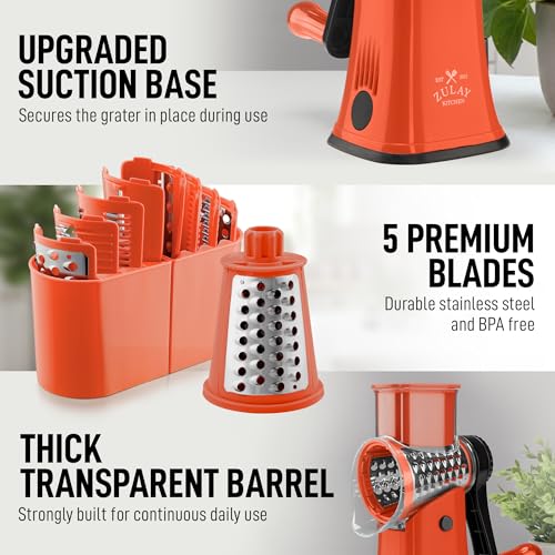 Rotary Cheese Grater Manual Hand Crank 5 Blade Shredder (5 Blades / Orange & Black)