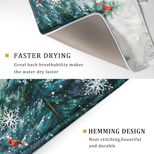 Pine Tree Dish Drying Mat for Kitchen Countertop Red Bird Dishes Mats Winter Decorative Absorbent Reversible Drainer Rack Pad 18x24 Inch (Pine Red Bird / 18" x 24")