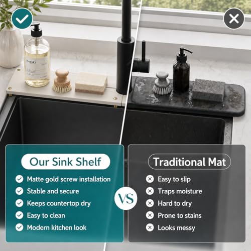 2PCS Stone Faucet Mat for Kitchen Sink (24"x 4" - Beige - Gold)