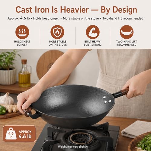 Cast Iron Wok Pan with Wooden Lid (13.4 Inch)