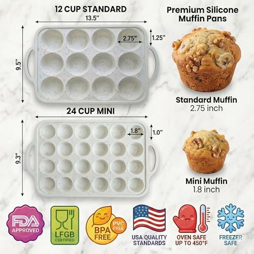 Silicone Muffin Pans (Cream / Regular + Mini Set (12/24 Cups Pan))