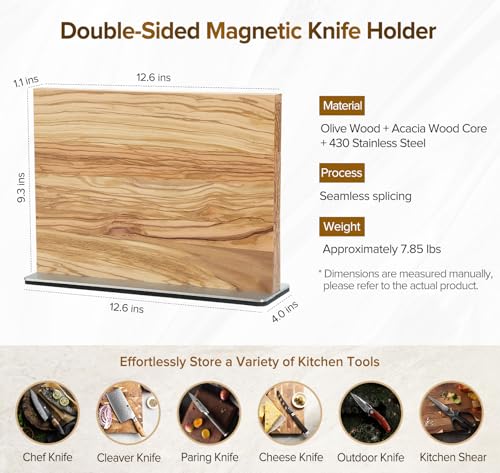 Double Sided Magnetic Knife Holder Rack For Kitchen Counter (Olive Wood Knife Holder)