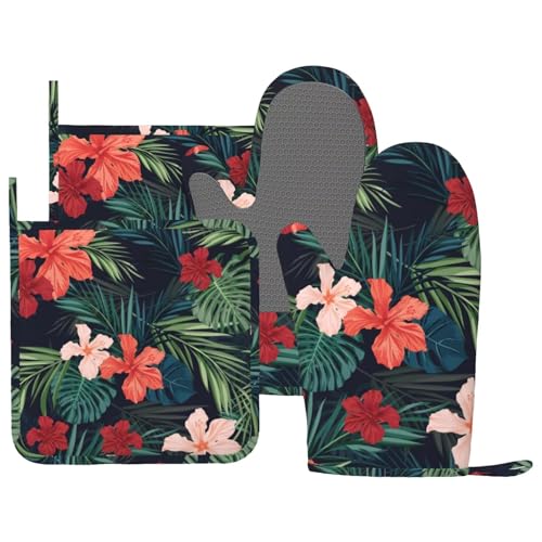 Tropic Hawaiian Hibiscus Flower Oven Mitts Pot Holders Set Silicone Heat Resistant Green Leaves Red Floral Oven Mitts and Hot Pads Potholders Non (Red Green)