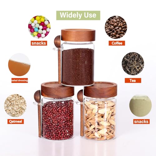 Glass Jar with Acacia Screw Lid and Spoon (Round/16oz*3/Acacia Screw Lid)