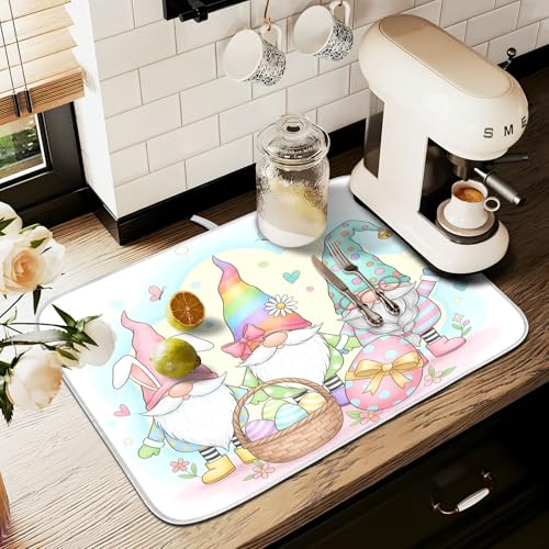 Colorful Easter Cute Gnomes Dish Drying Mat for Kitchen Counter Absorbent Microfiber Large Drying Pad Dish Mats for Kitchen Countertops 18 x 24 Inch (24" x 18")