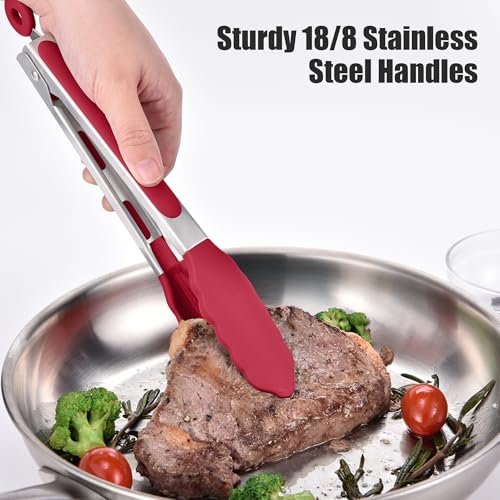 Kitchen Tongs with Silicone Tips for Cooking Serving (9in / Red)